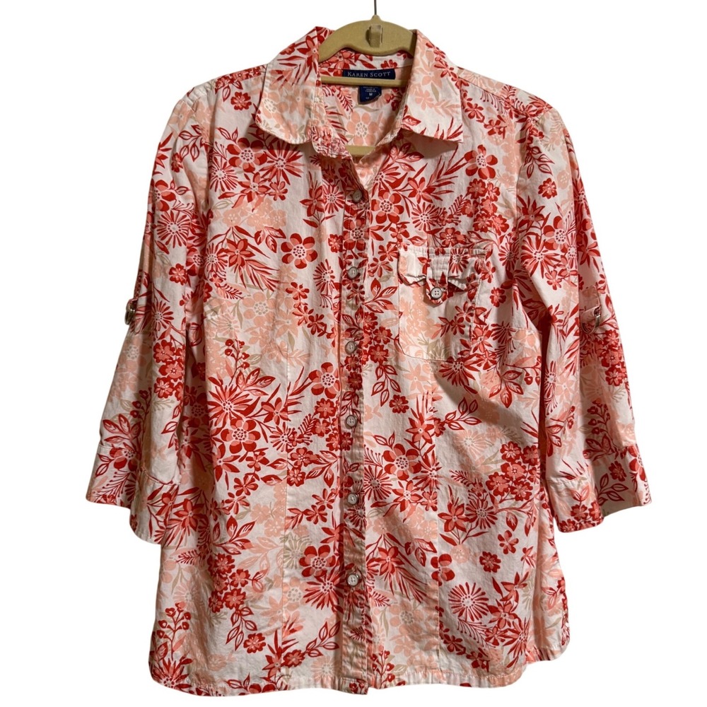 Karen Scott Womens Medium Red Floral 3/4 Roll Tab Sleeve Cotton Button Up Shirt